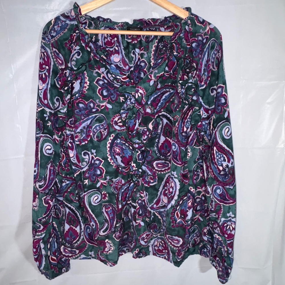 Talbots Womens Large Paisley Ruffle V-Neck Blouse Green Purple Long Sleeve Top